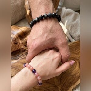 Triple Pink and Silver Obsidian Protection Couple's Bracelet Set l Love Energy